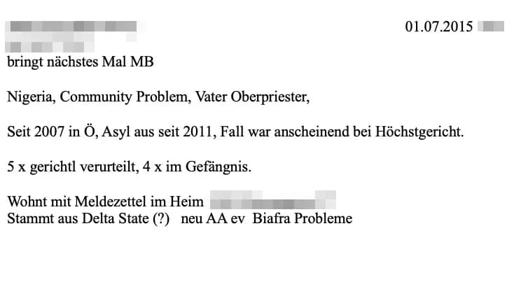 Screenshot aus den Unterlagen eines Wiener Asylvereins